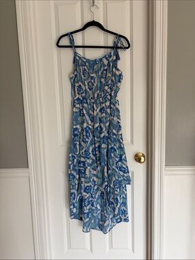 Blue Floral High-Low Summer Dress with Adjustable Straps